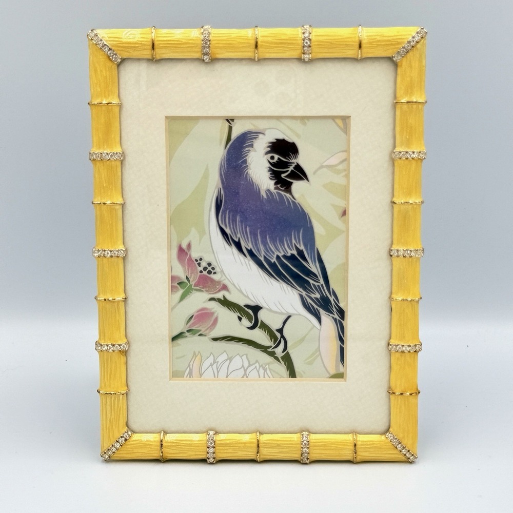 Pier 1 Yellow Faux Bamboo Rhinestone 5x7 Picture Frame Chinoiserie Coquette Glam